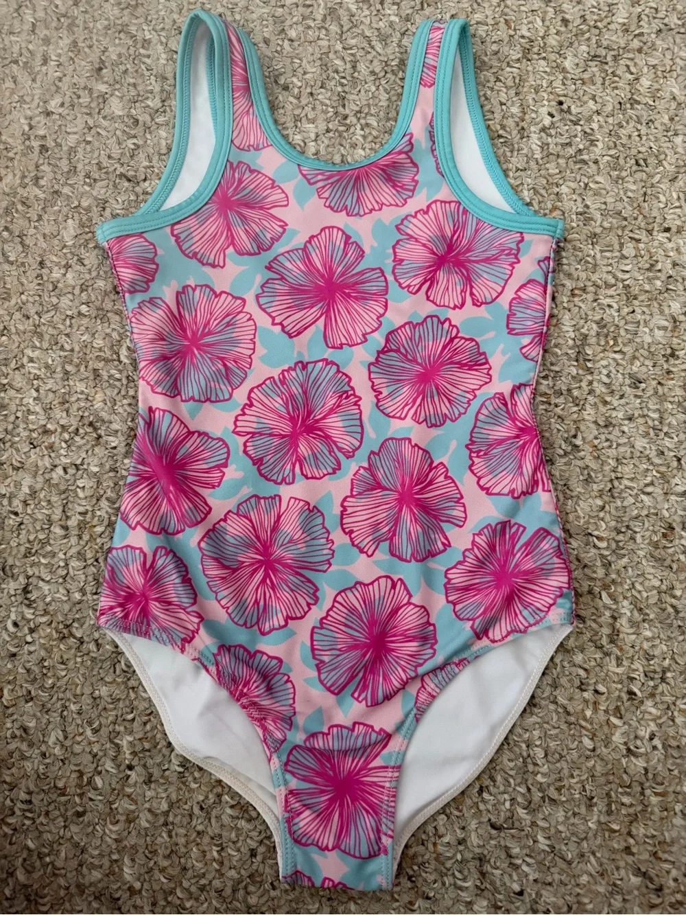 Girls Pink Floral One-Piece Swimsuit with Aqua Trim